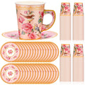 Rtteri 100 Pcs Paper Tea Cup Party Set Decorations Includes 50 Disposable 9 oz Bird Blossom Tea Cups and 50 Plates Floral Paper Tea Cups and Saucers for Hot Cold Drink Wedding Birthday Baby Shower