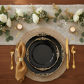 Black Charger Plates with Antique Gold Rim, 13 Inch — Set of 6