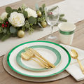 175-Piece Christmas Disposable Dinnerware Set, Ivory with Green Trim, for 25 Guests