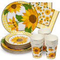 ROYAL BLUEBONNET Sunflower Party Supplies - Set of 24 9 Dinner Plates 7 Salad/Dessert Plates 8 oz Cups 3-ply Napkins Yellow Food Safe Disposable 400 GSM