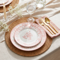 Pink Toile Floral Plastic Plates — 40-Piece Disposable Dinnerware Set for 20 Guests