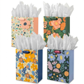 Floral Gift Bags with Tissue Paper - 4 Pack Assorted Designs