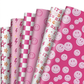Pink Preppy Wrapping Paper — 12 Flat Sheets (Smiley, Stars & Checkers)