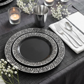 Black & Silver Lace 210-Piece Party Dinnerware Set — Plates, Cutlery, Cups & Napkins for 30