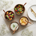 Round Acacia Wood Serving Bowls Set of 4 — 5.5" with Wooden Spoons