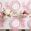 350-Pc Pink Bow Party Tableware Set — Serves 50 Guests, Scalloped Edge