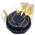 Blue and Gold Octagonal Party Set — 140 Pieces: Plates, Cutlery, Cups and Napkins for 20
