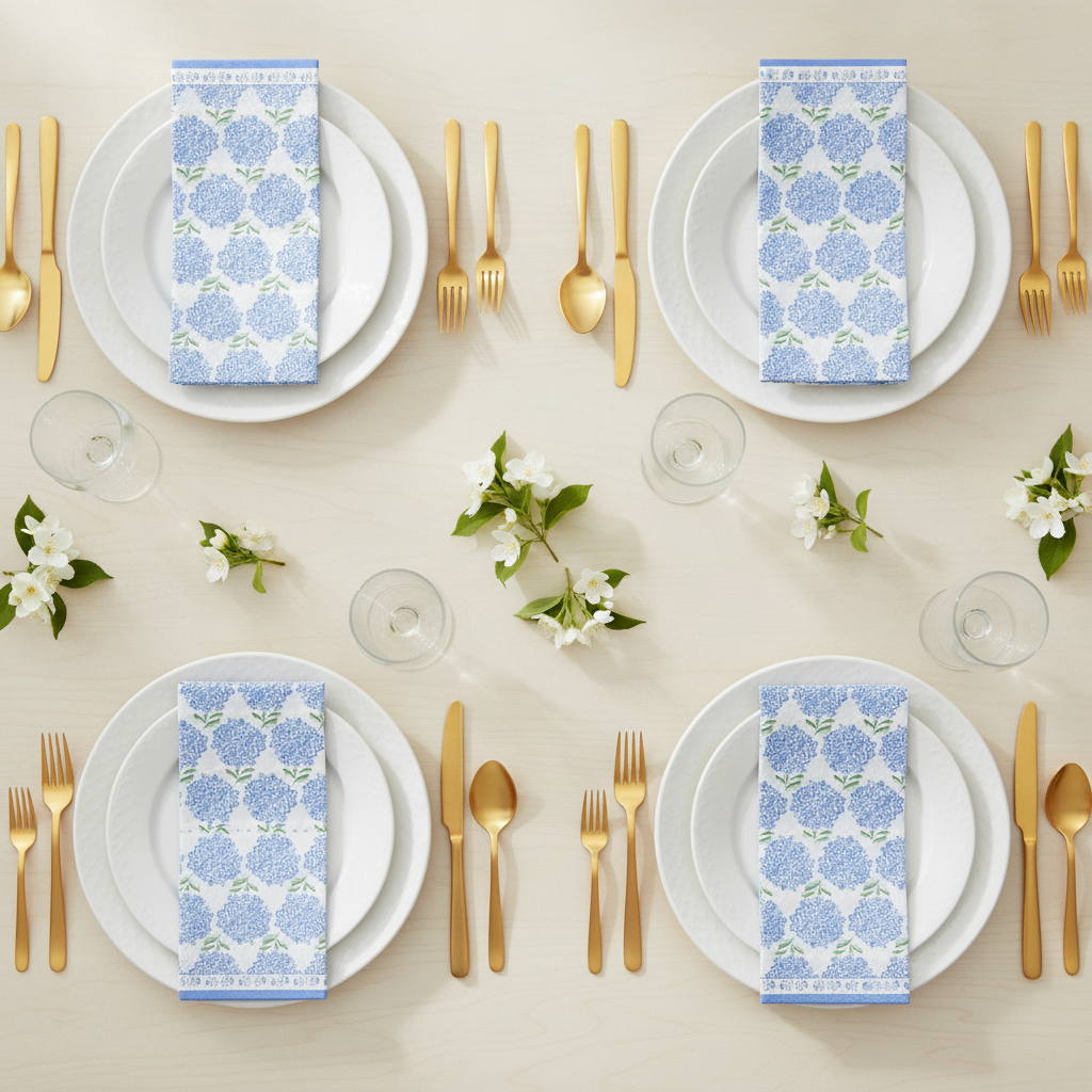 Brunch tablescape flat-lay set with hydrangea floral paper napkins