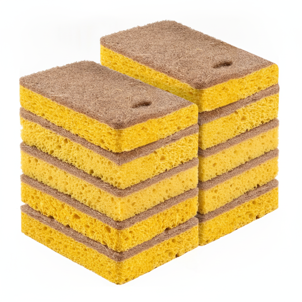 Natural dual-sided dish sponges with yellow cellulose body and brown coir scrubber, brand-free product shot