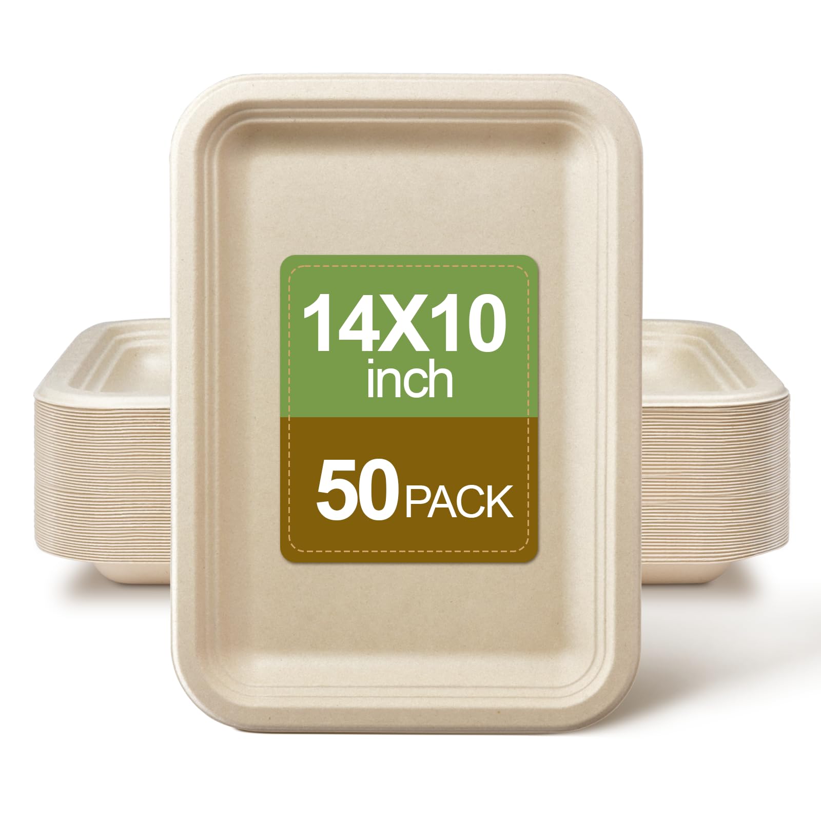 Compostable 14 x 10 in Rectangular Bagasse Trays - 50 Pack, Sugarcane