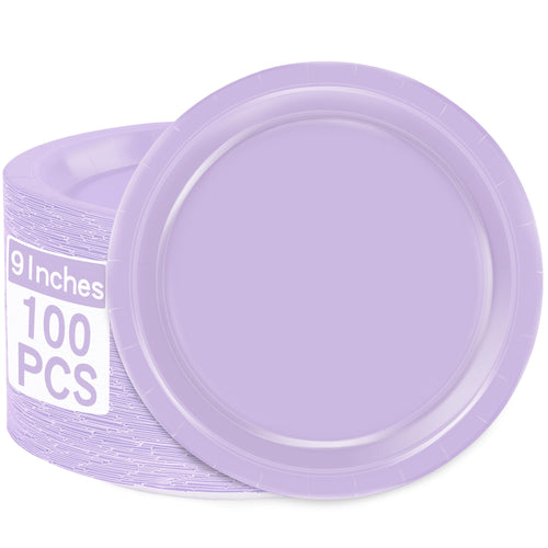 9-Inch Lavender Disposable Paper Plates, 100-Piece Bulk Set