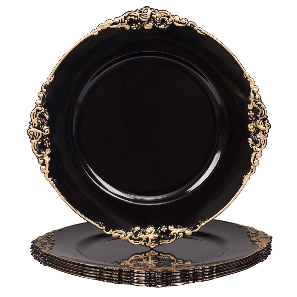 Black Charger Plates with Antique Gold Rim, 13 Inch — Set of 6