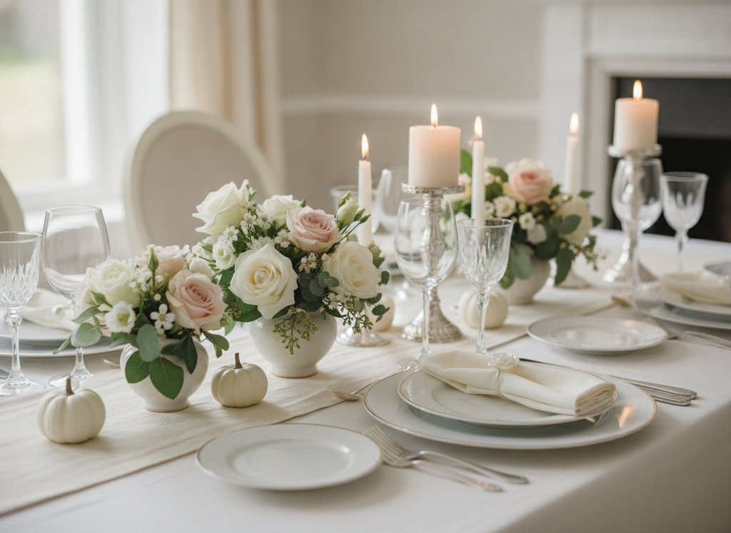Romantic tablescape styled with floral pearl napkin rings