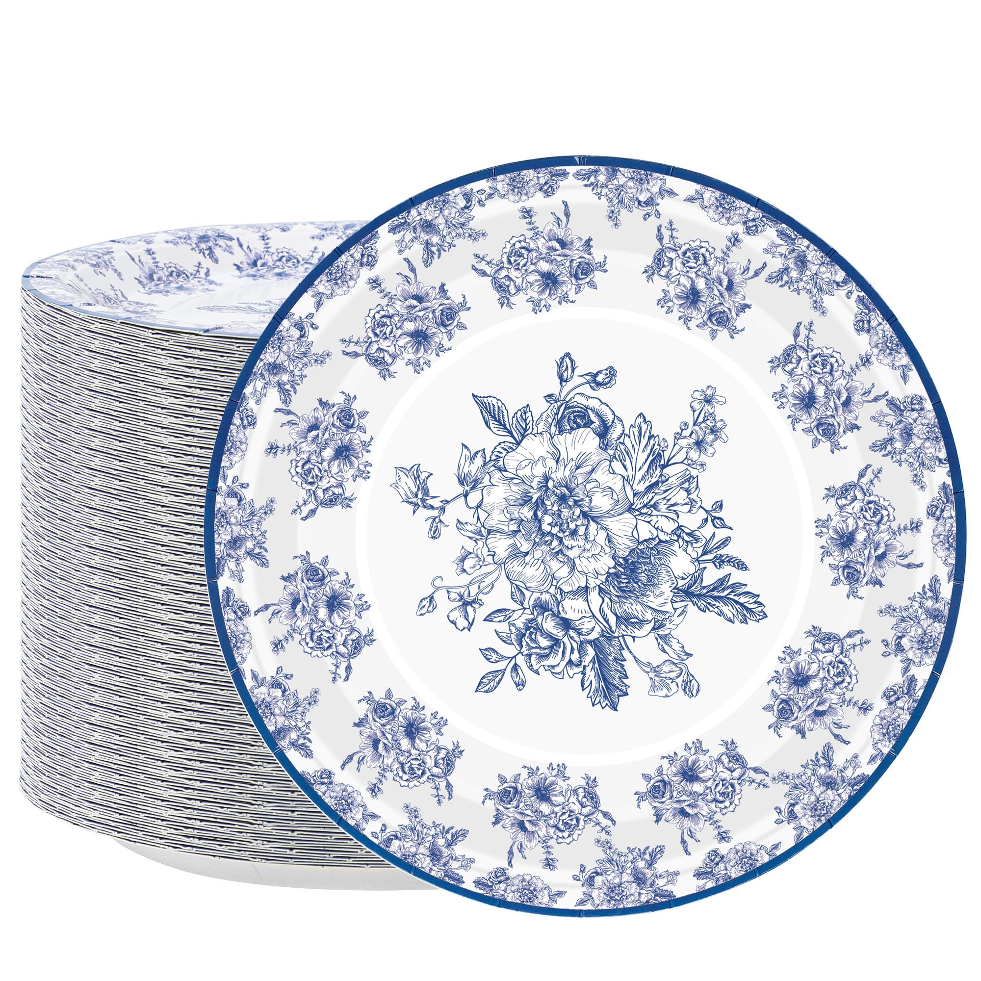 Blue & White Floral Paper Plates, 9 in, 50 Count