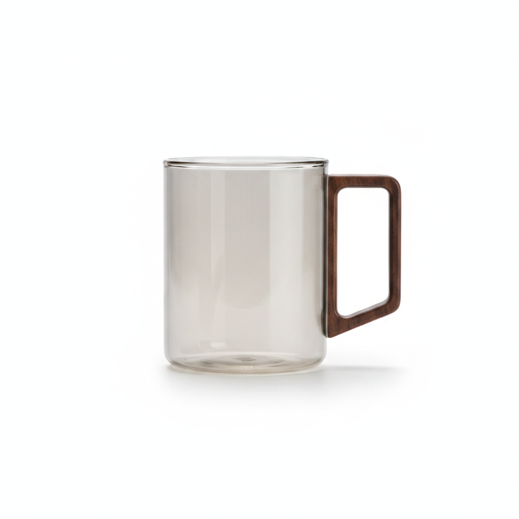 Borosilicate glass mug with smoky tinted body and walnut wooden handle on white background