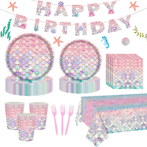 122 Pcs Mermaid Birthday Party Decorations Supplies Includes Plates and Napkins Fork Cup Tablecloth Banner for 24 Guests Little Mermaid Theme Decor Paper Plates for Girls under the Sea Party