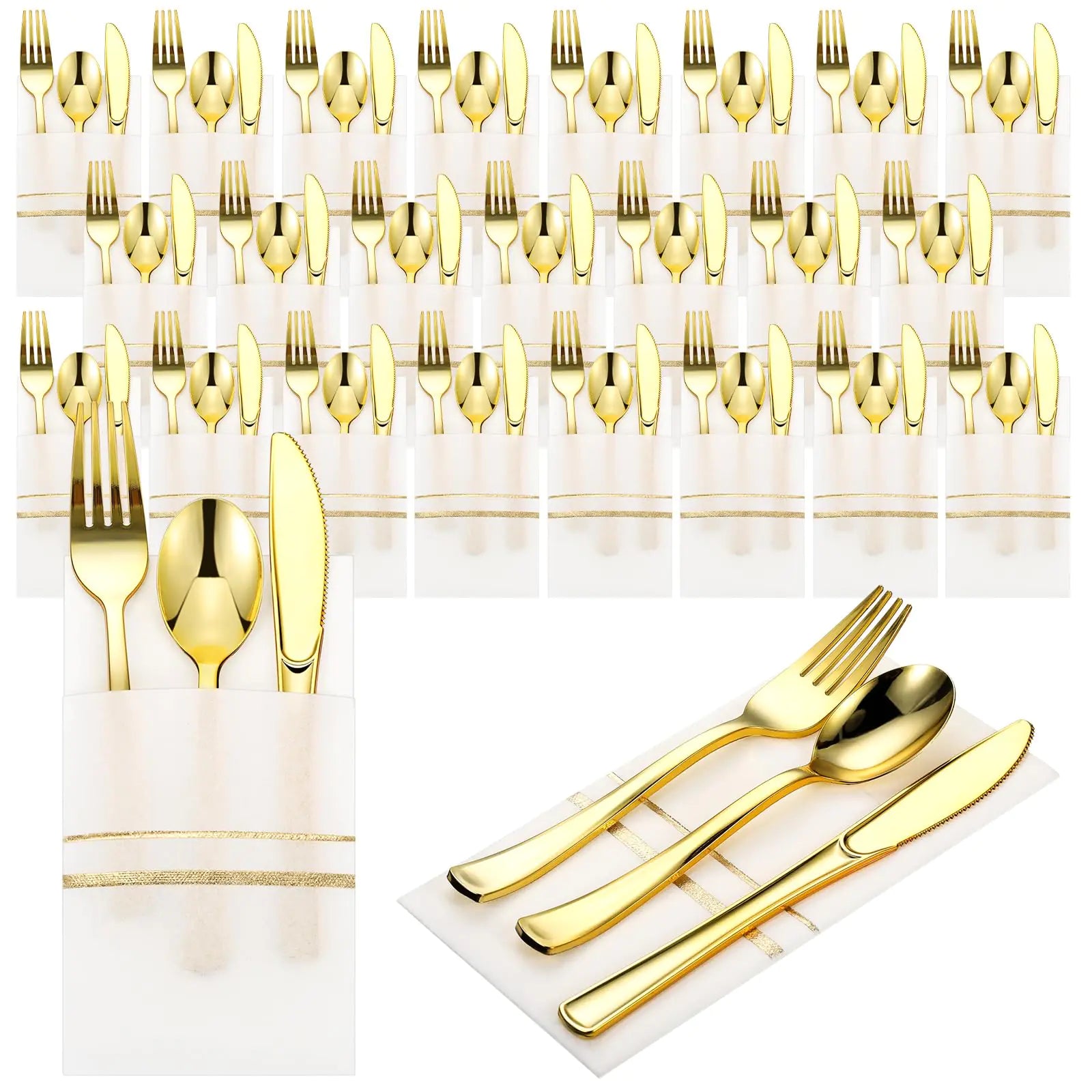 White and gold pre-rolled plastic cutlery wrapped in white napkins with gold stripe, plus close-up of gold fork, knife and spoon