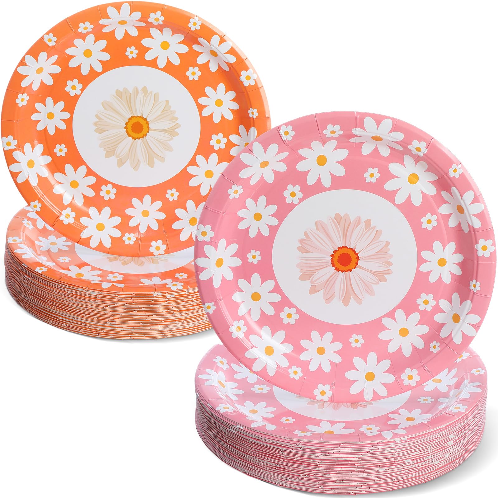 Groovy Daisy Paper Plates — 100 Count, 10 in Pink and Orange Boho Party Plates