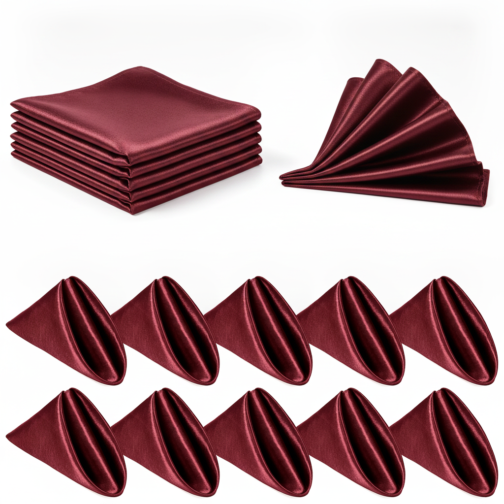 Burgundy satin dinner napkins 12 pack folded stack on white background