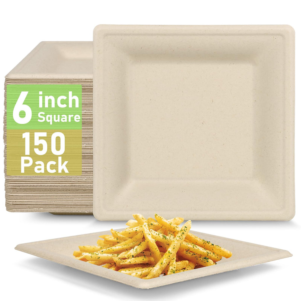 6-Inch Square Compostable Paper Plates, 150 Pack