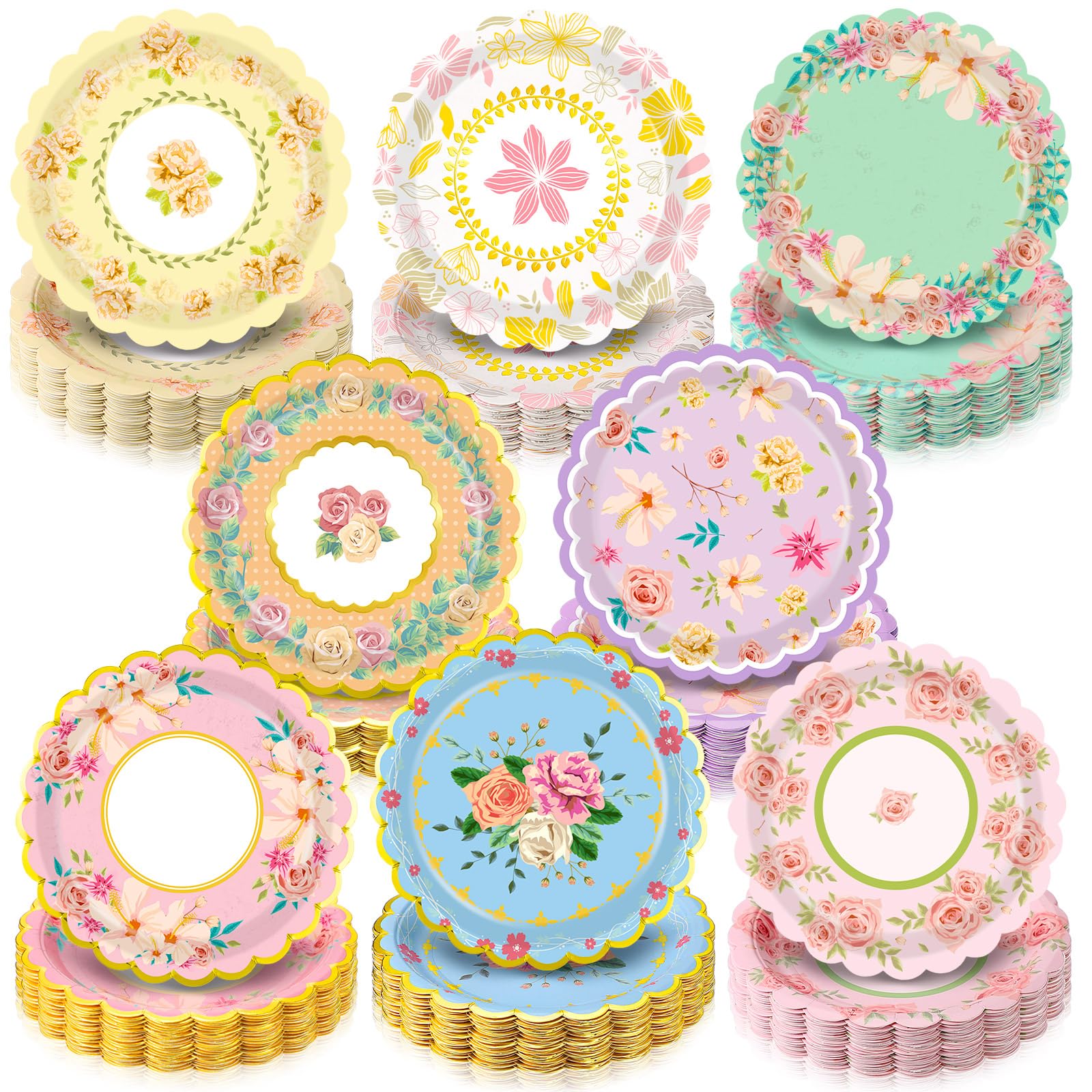 Vintage Floral Paper Plates with Gold Rim — 192 Count, 7 in Dessert Plates
