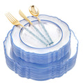 Clear Blue Baroque Plastic Plates and Cutlery Set — 150 Pieces, Serves 30