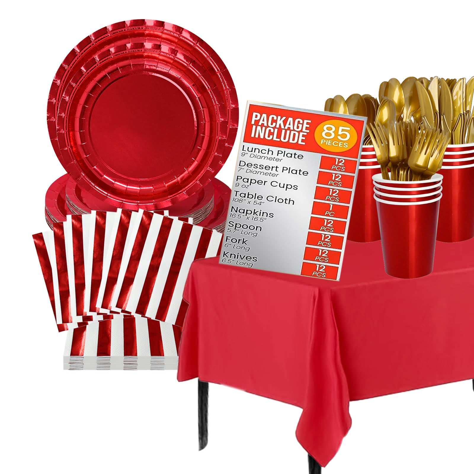 Red Radiance Party Pack for 12 - Complete Birthday and Holiday Kit - 85 pcs