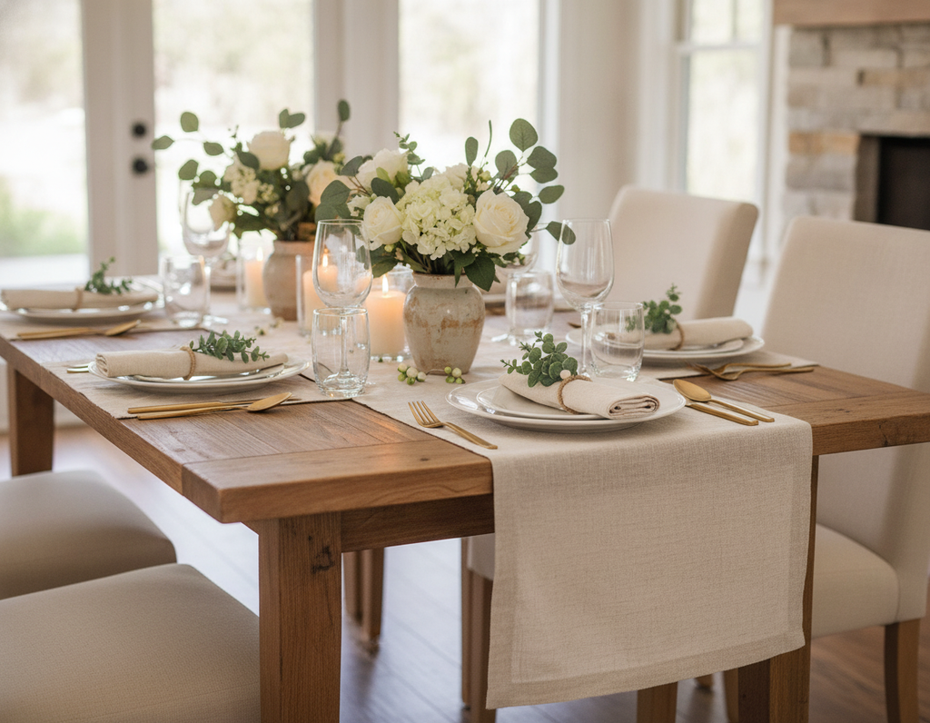Greenery tablescape styled with eucalyptus wood-bead napkin rings