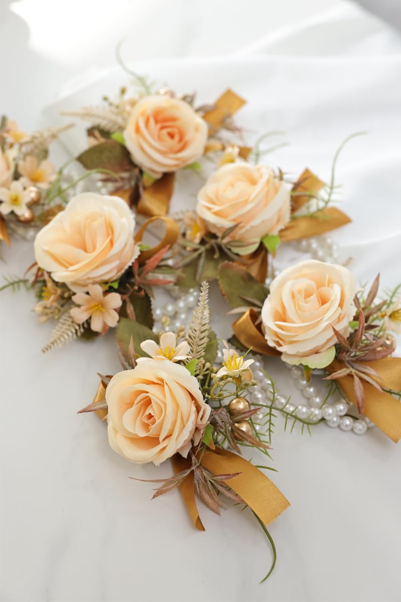 FEILUOYI Champagne Theme Wedding Wrist Corsages Set of 6 Bride Bridesmaid Mother Grandmother Bridal Shower Dance Decoration
