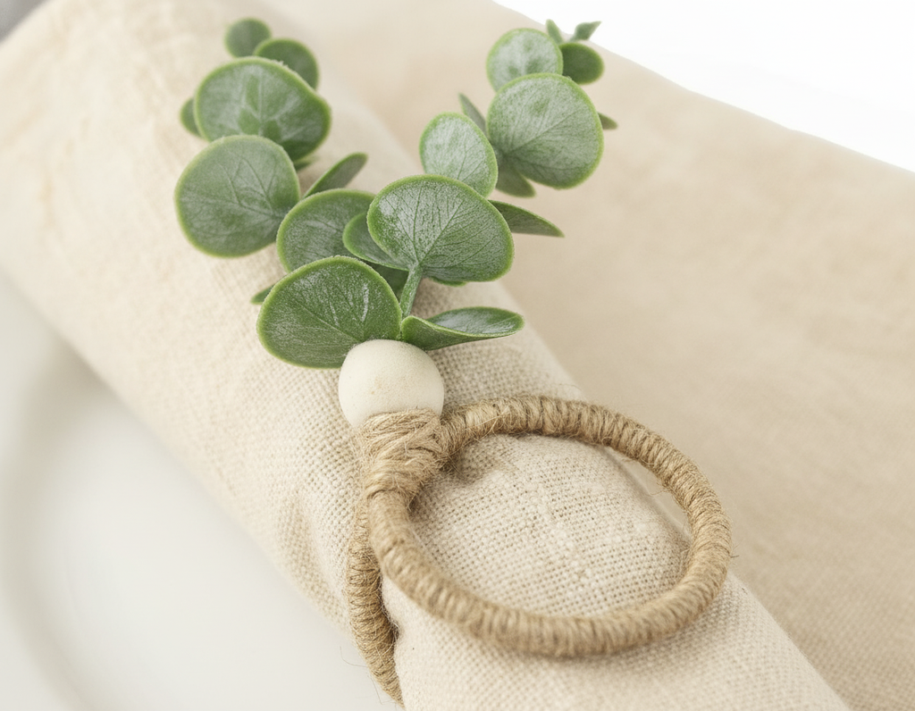 Close-up of a jute-wrapped wood napkin ring with eucalyptus sprig