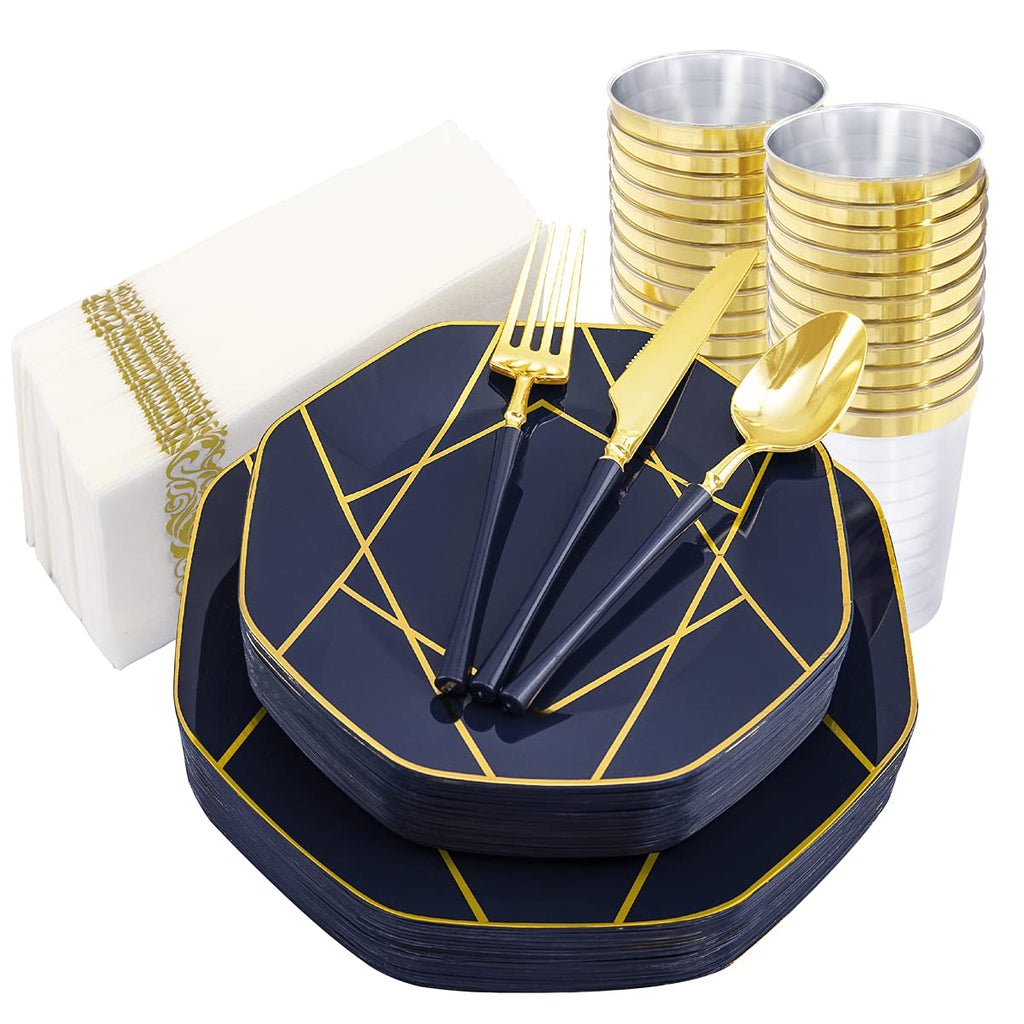 Blue and Gold Octagonal Party Set — 140 Pieces: Plates, Cutlery, Cups and Napkins for 20