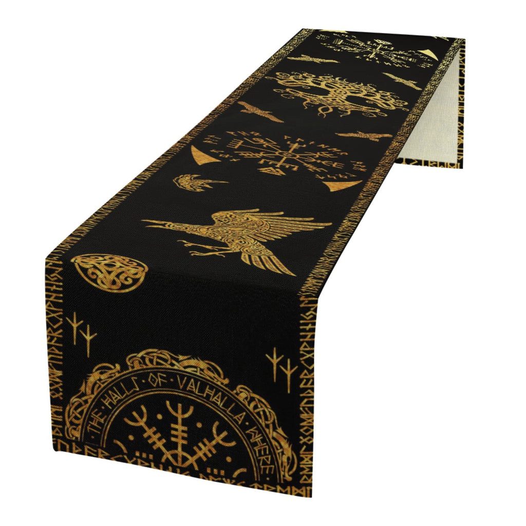 Viking Raven Runes Table Runner TV Cabinet Mantel Linen Long Table Runner Gold Black Table Runner for Coffee Dining Party Wedding Table 17-6 13x108inch