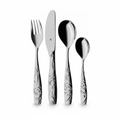 Kids 4-piece stainless steel cutlery set with embossed animal motifs on white background