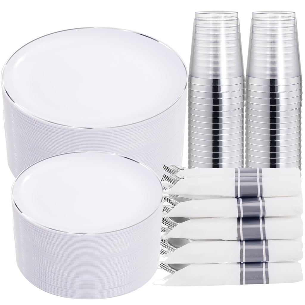 Silver Plastic Dinnerware Set - 350 Pieces, Serves 50