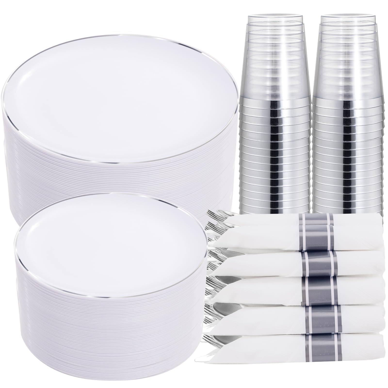Silver Plastic Dinnerware Set - 350 Pieces, Serves 50