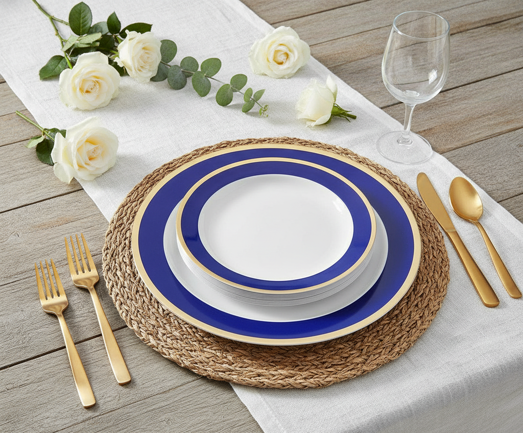Blue and gold rim disposable plastic plates styled fine-dining place setting with gold flatware