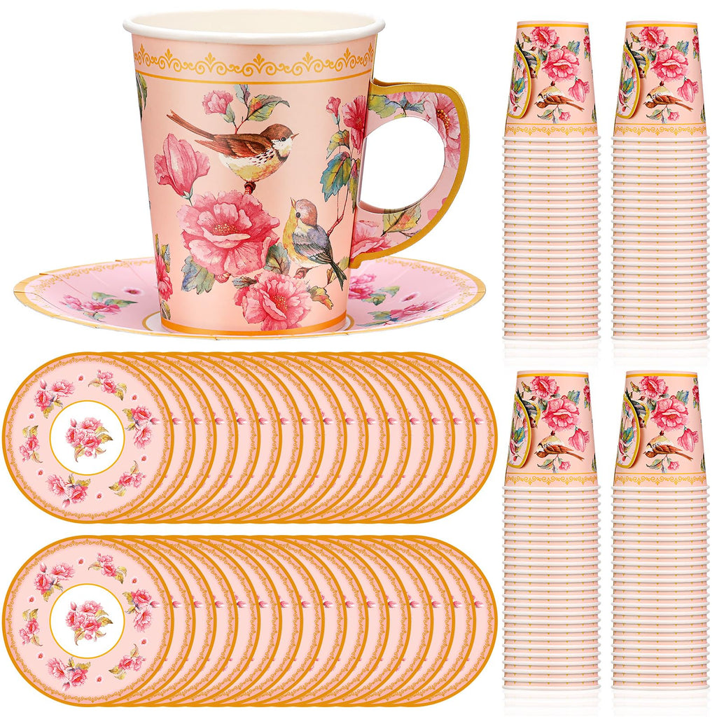 Rtteri 100 Pcs Paper Tea Cup Party Set Decorations Includes 50 Disposable 9 oz Bird Blossom Tea Cups and 50 Plates Floral Paper Tea Cups and Saucers for Hot Cold Drink Wedding Birthday Baby Shower