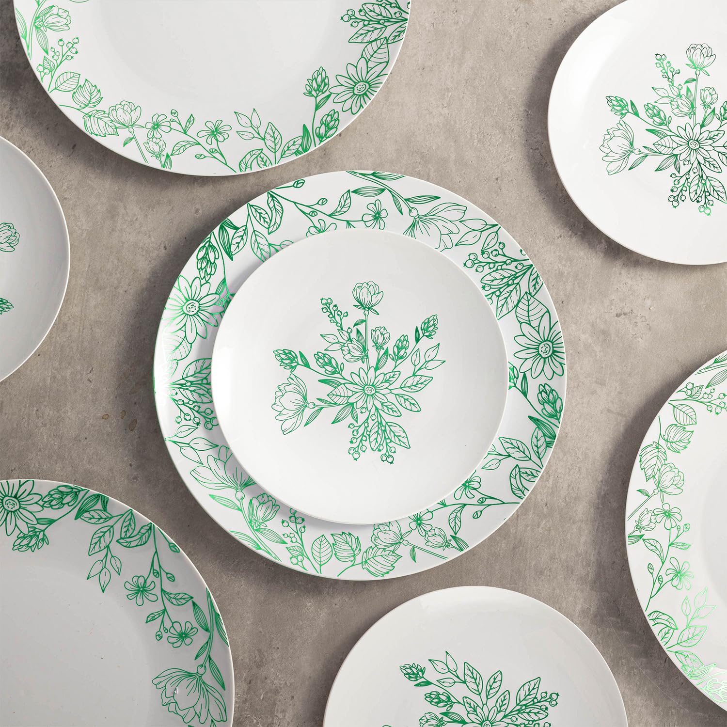 Green Floral Plastic Party Plates — 50-Piece Set (25 Dinner 10 in + 25 Dessert 7.5 in)