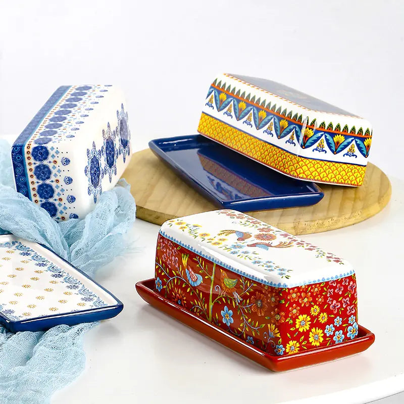 Four-style ceramic butter dishes with rectangular lids and trays — Locke Garden, Latin, Havana and Luanfengheming patterns