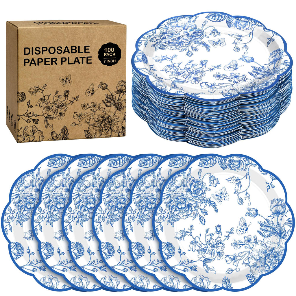 Blue Chinoiserie Floral Paper Plates — 100 Count, 7 in Dessert Plates