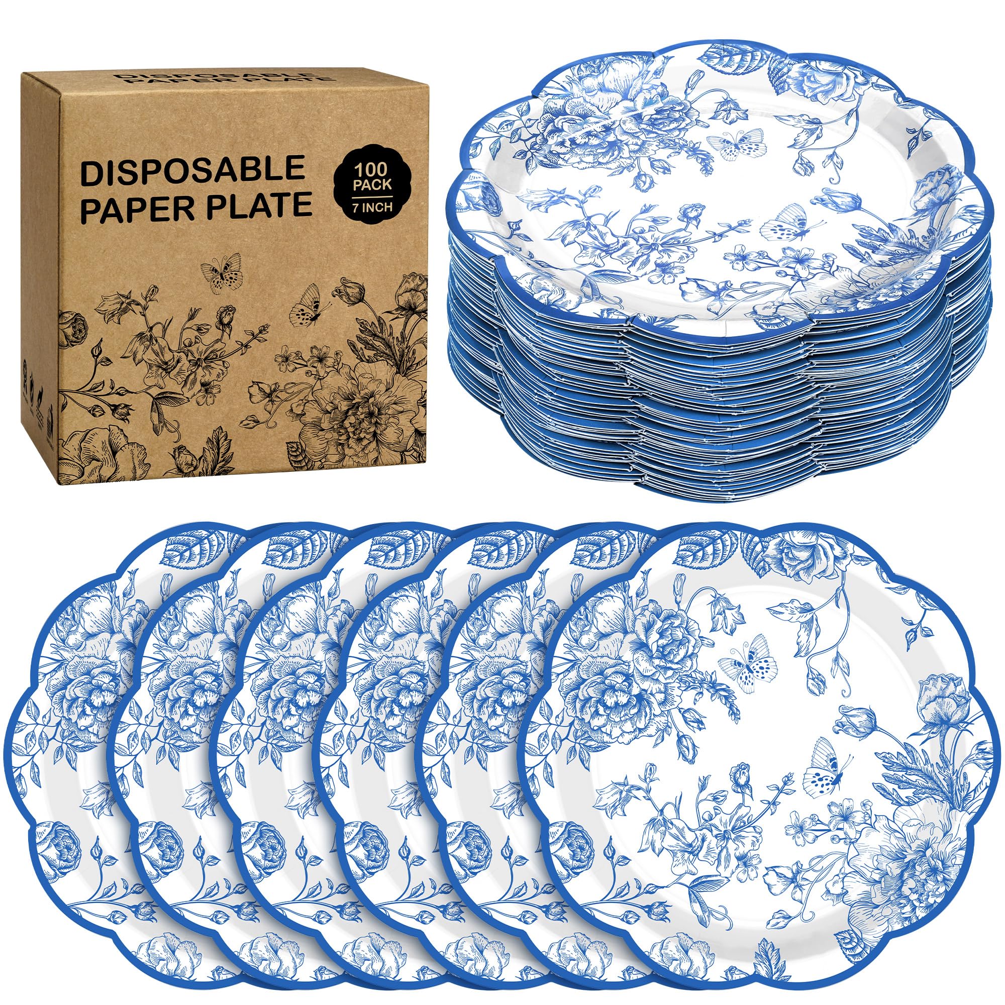 Blue Chinoiserie Floral Paper Plates — 100 Count, 7 in Dessert Plates
