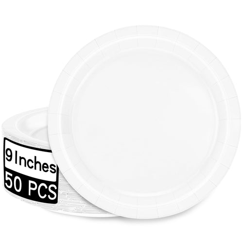 9-Inch White Disposable Paper Dinner Plates, Set of 50