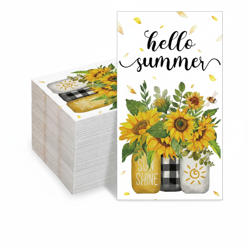 Stack of hello summer sunflower guest paper napkins on white