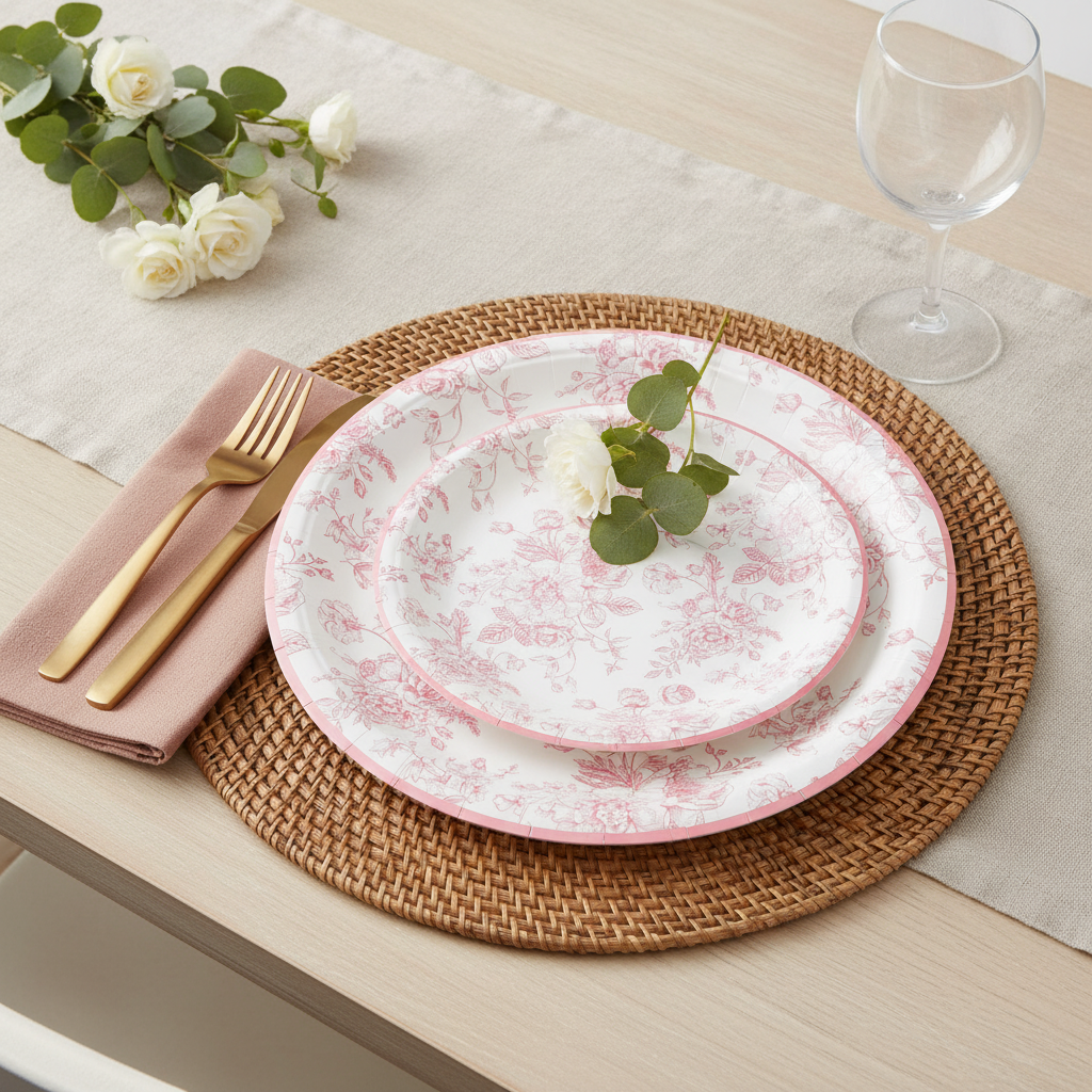 Pink wildflower toile disposable paper plates styled on a woven placemat with gold flatware and white roses