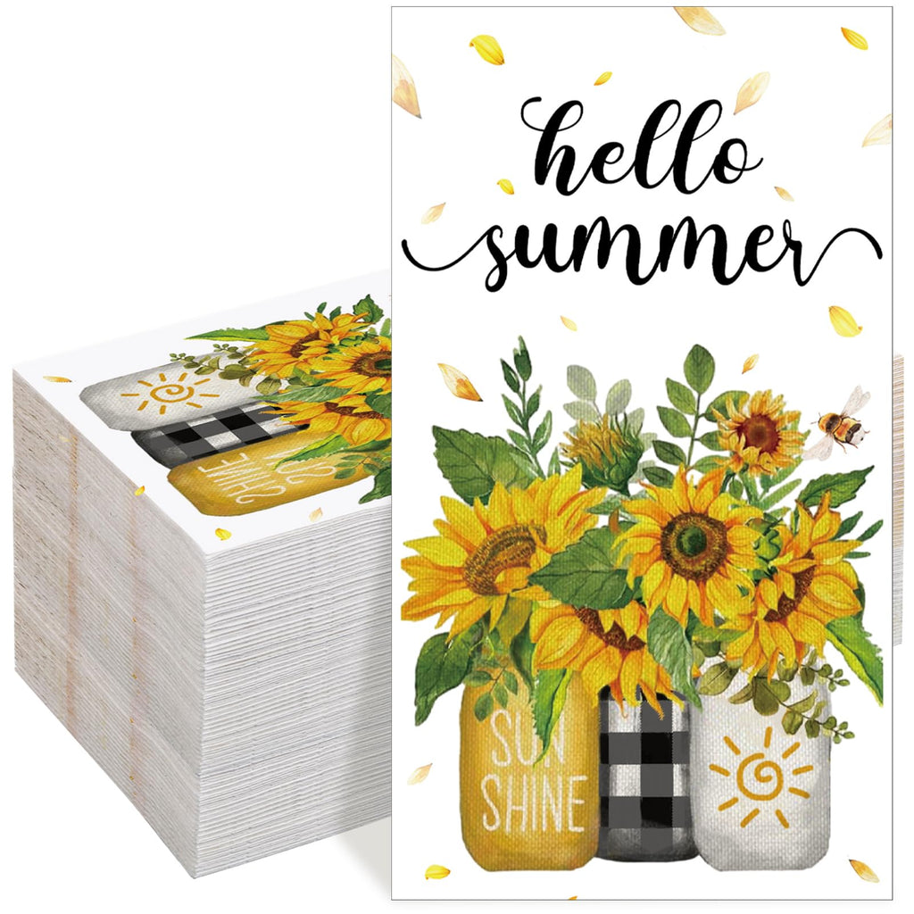 Chiisong 100 Pcs Summer Sunflowers Guest Napkins 3 Ply Hello Summer Disposable Hand Towels Mason Jar Floral Paper Napkin for Kitchen Bathroom Wedding Birthday Bridal Party Supplies