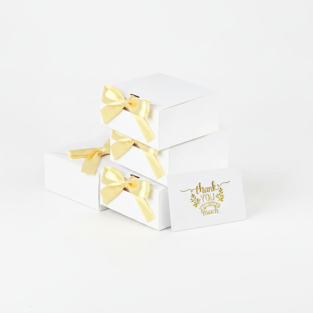 Set of white bridesmaid proposal gift boxes with pale yellow satin ribbon bows on top and a gold thank-you card