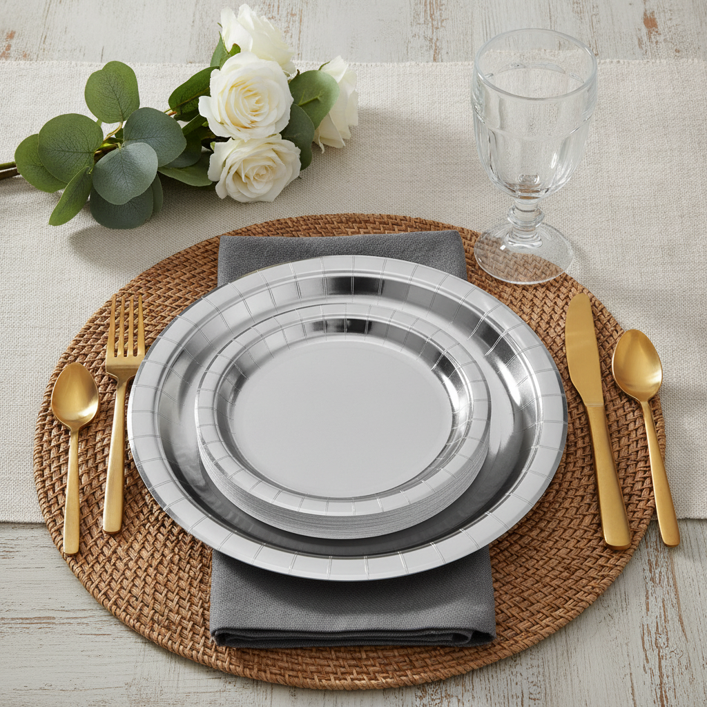 Metallic silver disposable paper party plates styled elegant celebration tablescape with rattan placemat and gold flatware