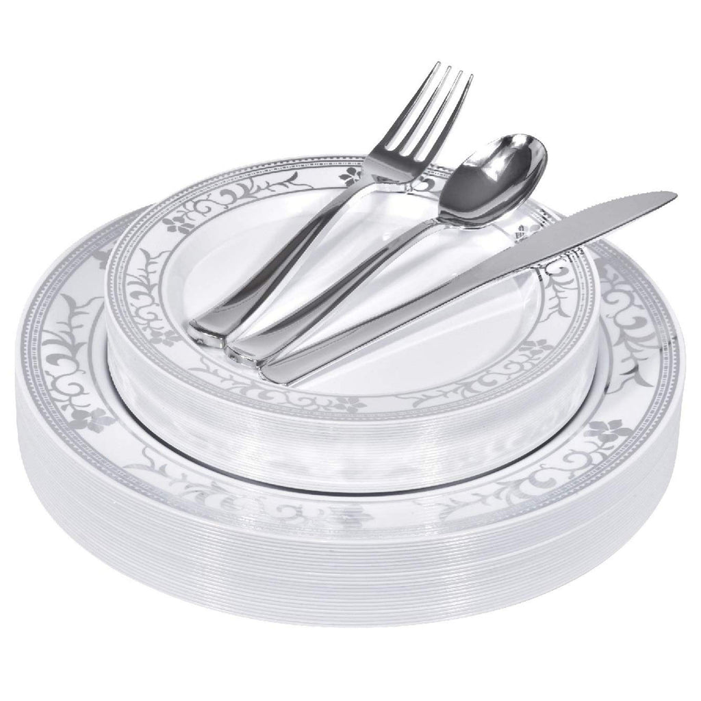 125-Piece White and Silver Floral Fancy Plastic Plates Disposable with Silverware Elegant Dinnerware for Weddings Holiday Party China Set of 25 Dinner + Salad Plates 25 Spoons 25 Forks 25 Knives