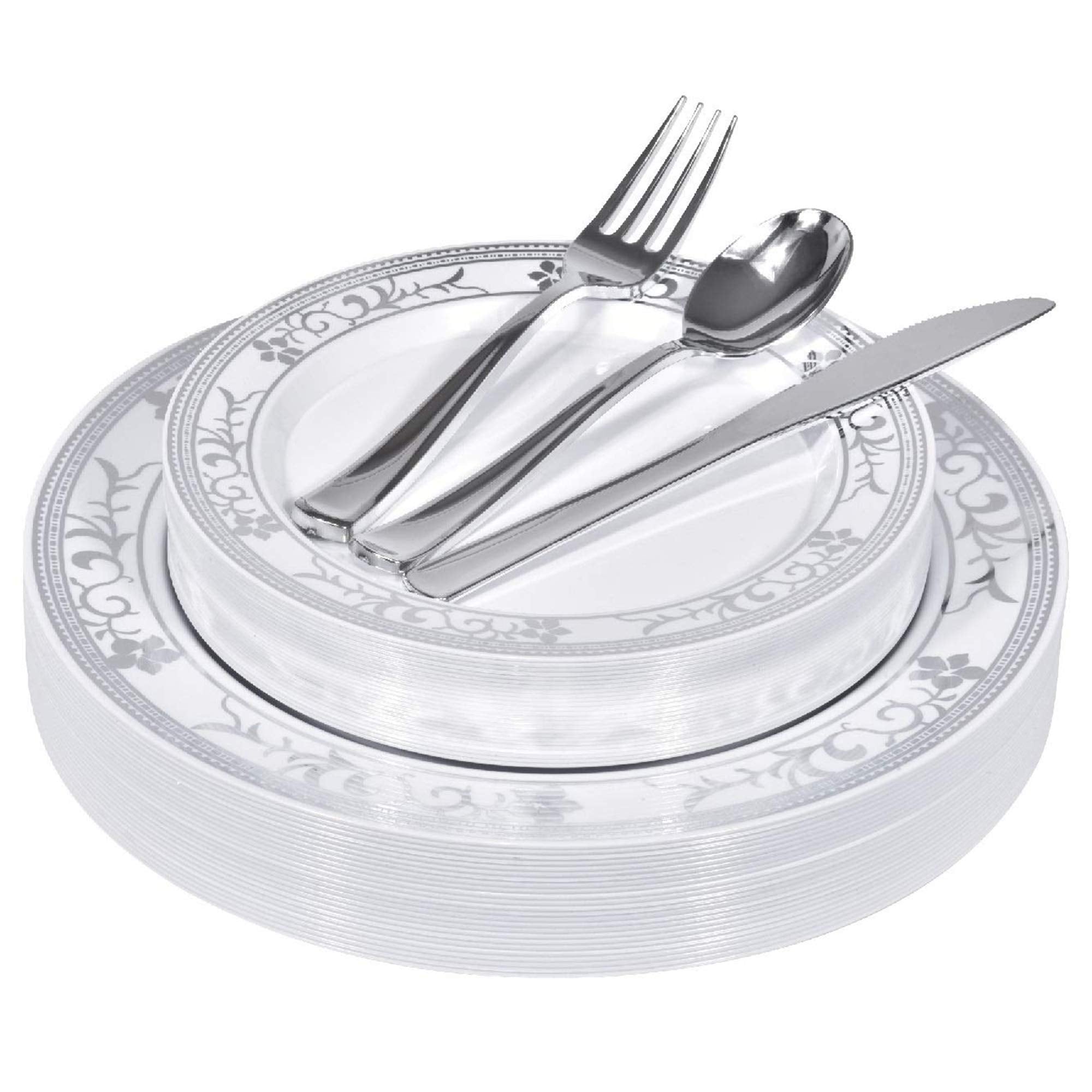 125-Piece White and Silver Floral Fancy Plastic Plates Disposable with Silverware Elegant Dinnerware for Weddings Holiday Party China Set of 25 Dinner + Salad Plates 25 Spoons 25 Forks 25 Knives