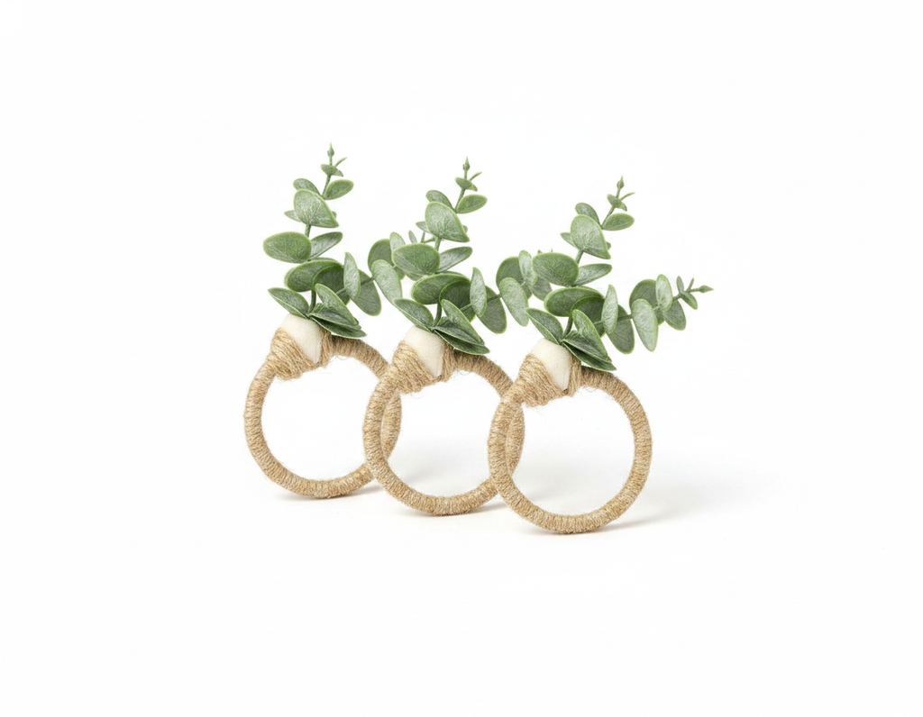 Eucalyptus wood-bead napkin rings with greenery on white background